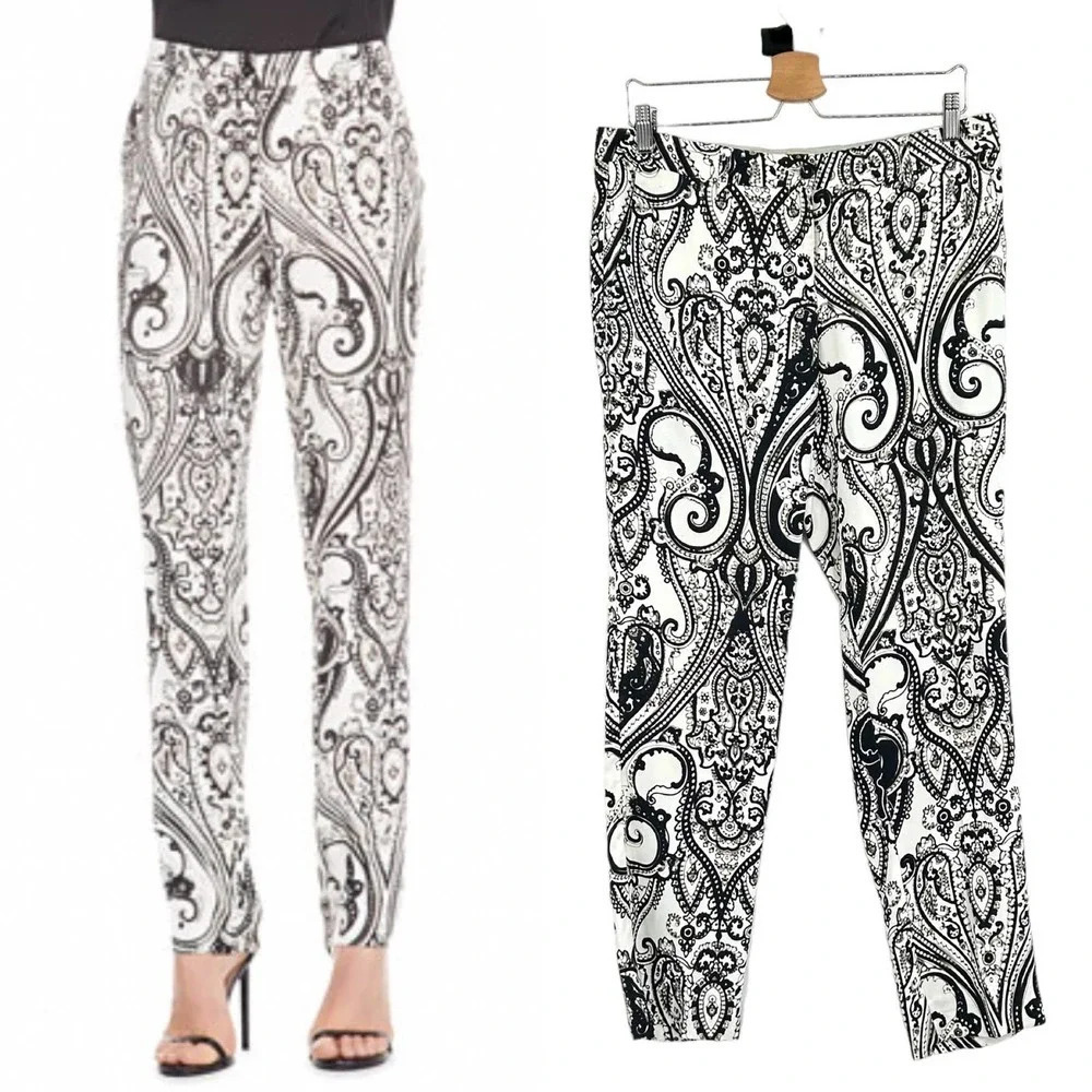 Etro Cady Pants White and Black Paisley Print Trousers Size 44 / US 8